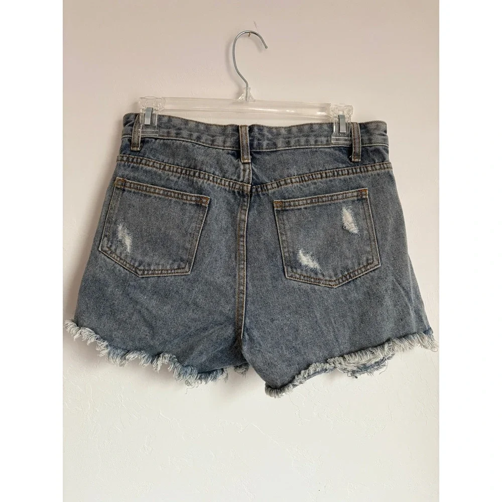 POL Distressed Light Blue Denim Jean Shorts with Silver Fringe - Picture 4 of 6